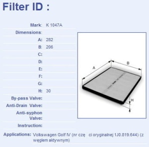 Filtr nawiewu Volkswagen AUDI  Golf IV K1047A (1389659)