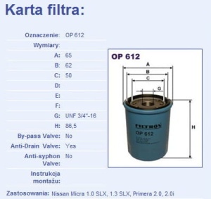 Filtr oleju Nissan Micra 1.0 SLX, 1.3SLX, Primera 2.0, 2.0i OP612#B1704040 (1389675)