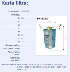 Filtr paliwa (6N0 127 401F/H) VW//SEAT PP839/7 #1700630 (1389720)
