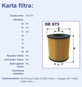 Wkład filtra oleju PEUGEOT/CITROEN/FORD OE673 (1394911)