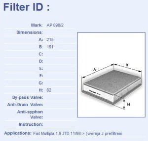 Filtr powietrza FIAT MULTIPLA 1.9 JTD AP098/2 (1389856)