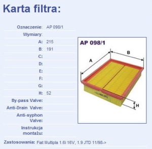 FILTR POWIETRZA FIAT MULTIPLA 1.6 16V, 1.9JTD AP098/1 (1389855)
